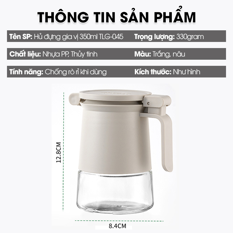 Hủ đựng gia vị cao cấp 350ml TLG-045 nắp bật có ron su dày đậy kín tuyệt đối, viên hút ẩm giữ cho gia vị khô ráo