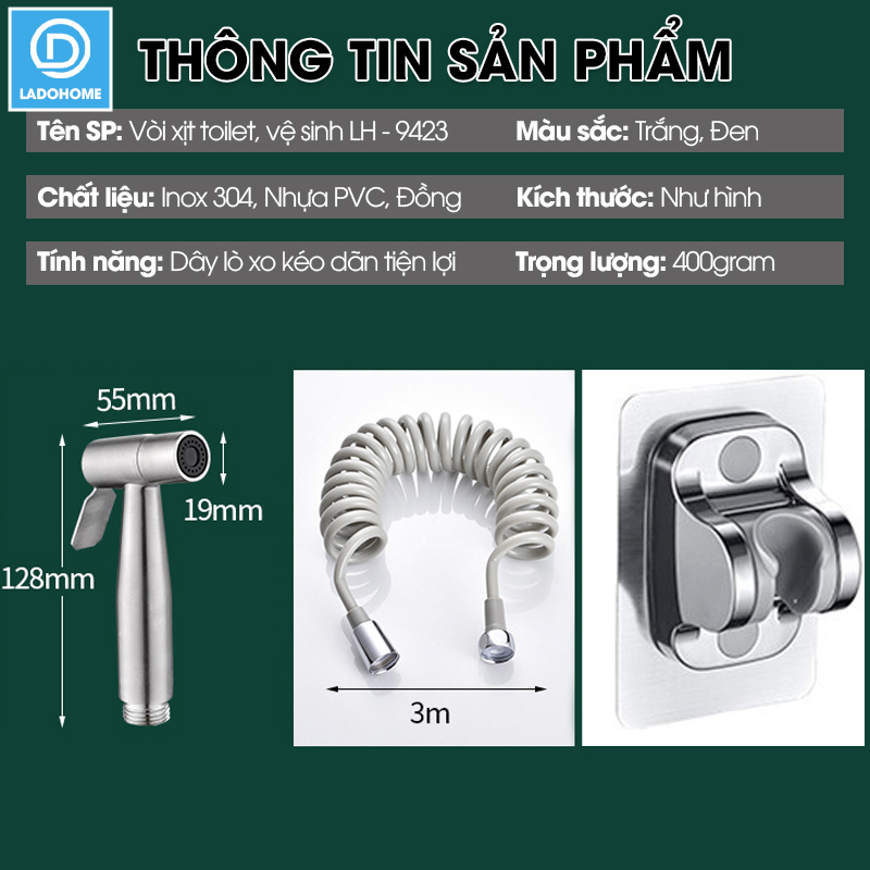 Vòi xịt toilet, vòi xịt vệ sinh phòng tắm cao cấp INOX304 LH-9423 + tặng kèm giá đỡ, ống dây lò xo 3 mét chất lượng cao