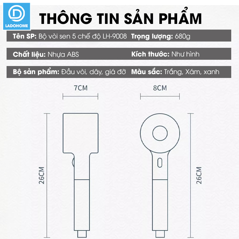 Bộ vòi sen điều áp 5 chế độ LH-9008 nhựa ABS cao cấp, lắp được cho nước nóng lạnh, có lõi lọc + dây ống 1.5m và giá đỡ