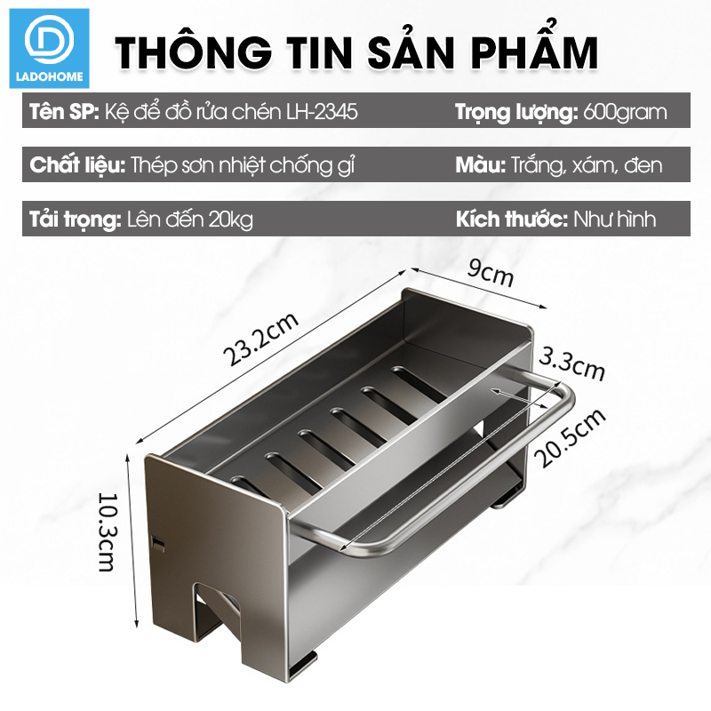Kệ để đồ rửa chén, nước rửa chén bát, giẻ lau để bồn rửa LH-2345 thép carbon sơn nhiệt chống rỉ sét