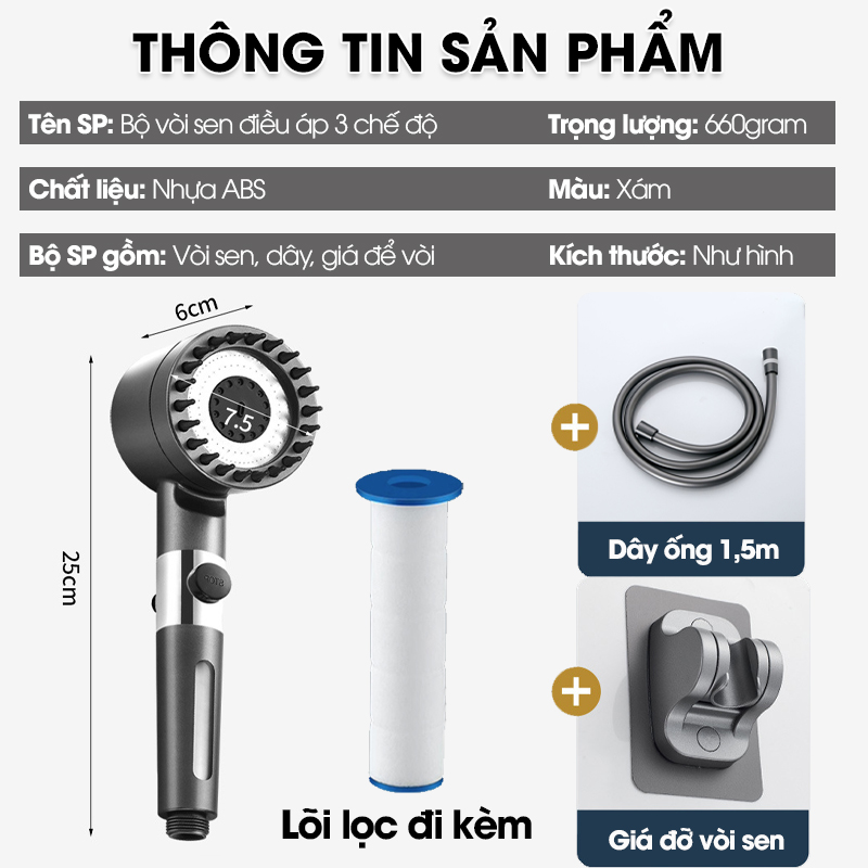 Bộ vòi sen điều áp 3 chế độ kèm lõi lọc LH-9005 + bao gồm giá đỡ và ống nối 1.5m