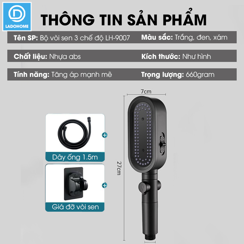 Vòi sen tăng áp 3 chế độ có đầu xả lớn có lõi lọc LH-9007 + kèm giá treo, ống nước TPR silicon siêu bền nóng lạnh