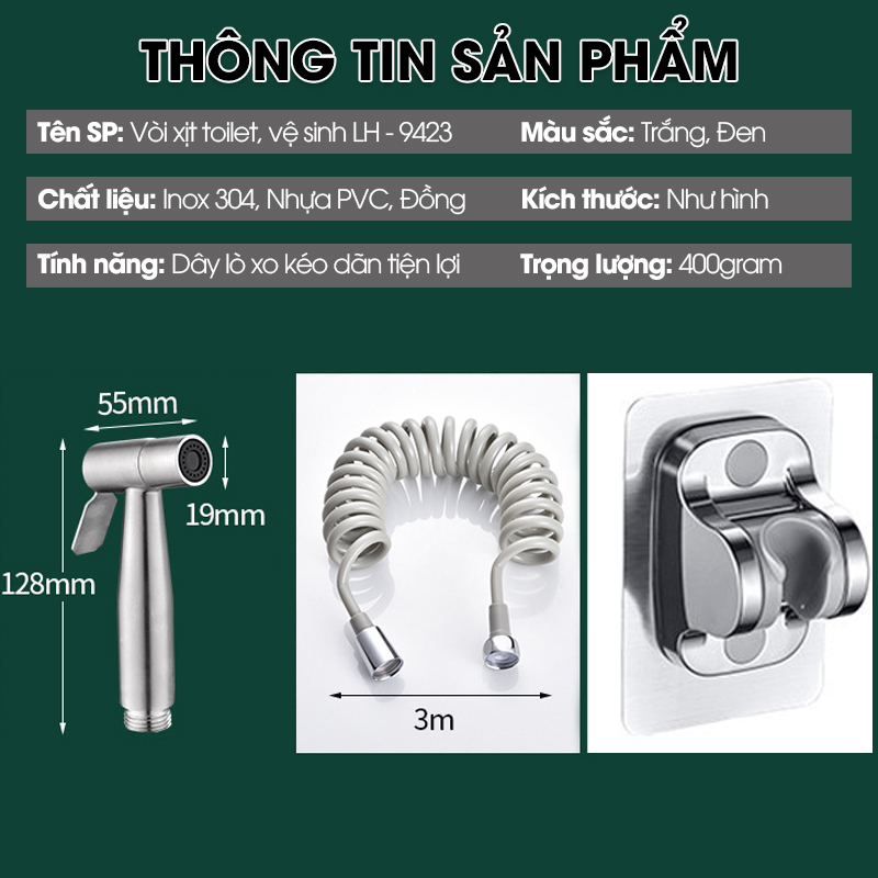 Vòi xịt toilet, vòi xịt vệ sinh phòng tắm cao cấp INOX304 LH-9423 + tặng kèm giá đỡ, ống dây lò xo 3 mét chất lượng cao