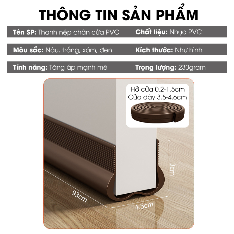 Thanh chèn chân cửa ngăn gió bụi côn trùng nhựa PVC D1949, dùng được cho cửa mở quay có độ dày 3-5cm, khe hở không quá 2cm