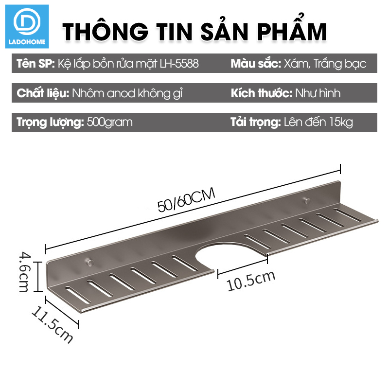Kệ lắp bồn rửa mặt nhà tắm, giá để đồ trước gương LH-5588 Nhôm Anod không rỉ + tăng kèm keo dán + tắt kê ốc vít