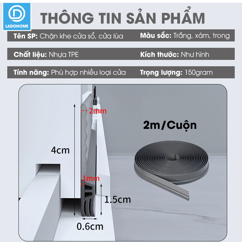 Chặn khe cửa sổ, cửa lùa, cửa sổ đường ray hoặc cửa đóng mở D1960 có sẵn keo dán giúp ngăn gió bụi, côn trùng và cách âm