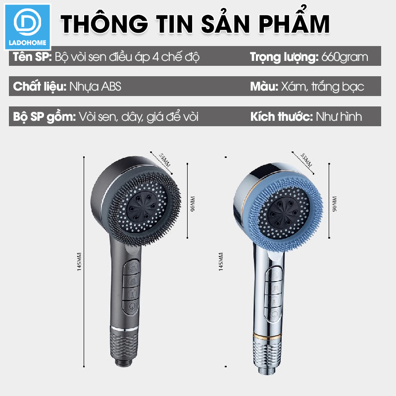 Bộ vòi sen tăng áp 4 chế độ LH-9009 có đầu massage, nhựa ABS cao cấp, dùng được nóng lạnh đi kèm dây ống 1.5m và giá đỡ