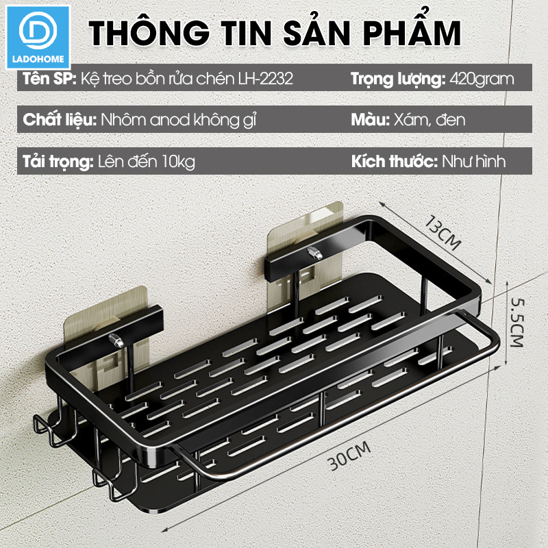 Kệ treo bồn rửa chén, kệ để nước rửa chén giẻ rửa bát nhà bếp LH-2232 Nhôm Anod không rỉ