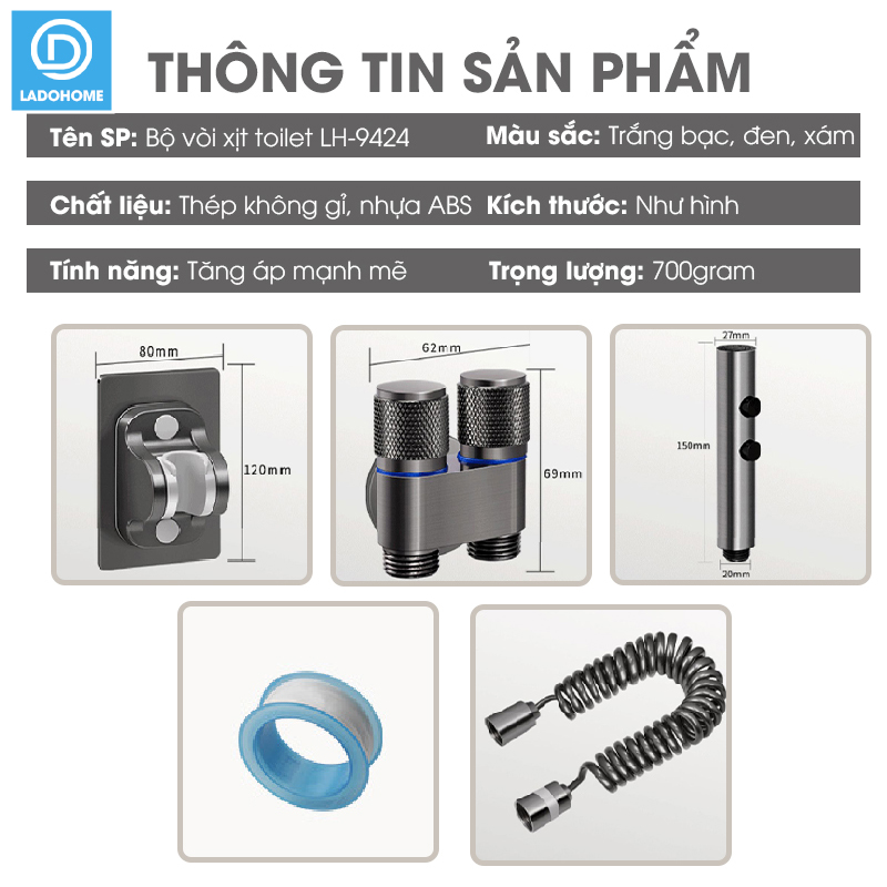 Bộ vòi xịt vệ sinh, toilet cao cấp LH-9424 thép không rỉ, lõi đồng + dây lò xo 2m, giá đỡ dán tường, van chia chữ H