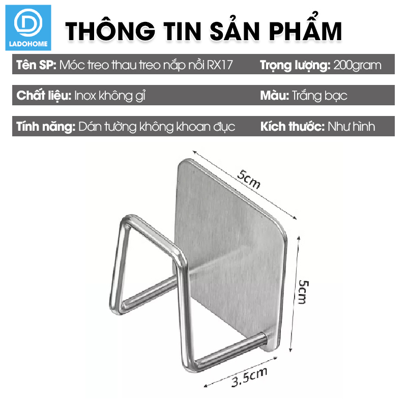 Móc dán tường nhà bếp đa năng RX17 gác nắp nồi, đồ gác nắp vung nồi, treo thớt, treo rổ rá, chất liệu INOX không rỉ