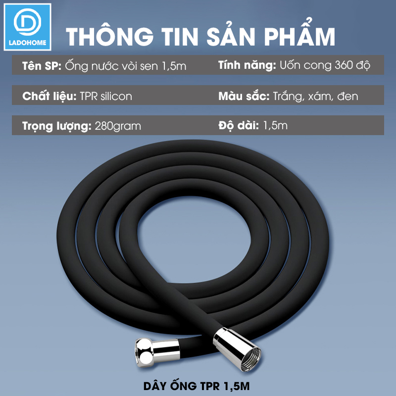 Ống nước vòi sen 1.5m TPR Silicon dẻo dai siêu bền chống cháy sử dụng được nóng lạnh, đầu nối bằng đồng chống mòn