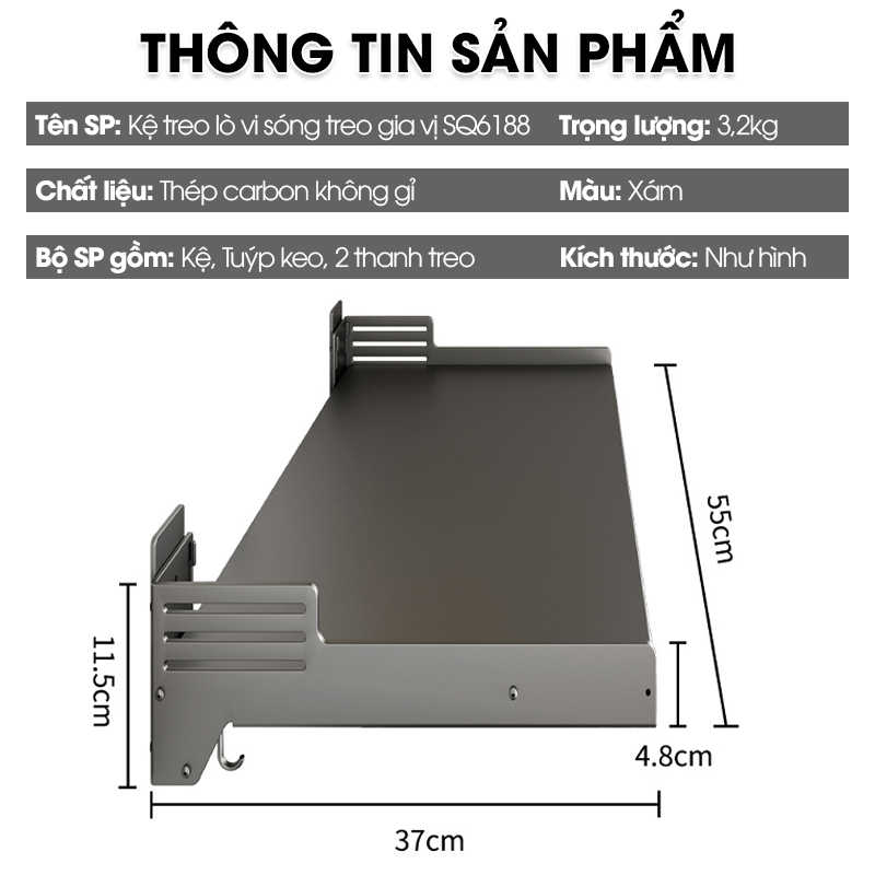 Kệ lò vi sóng, kệ gia vị kệ nhà bếp treo tường SQ-6188 thép carbon không rỉ
