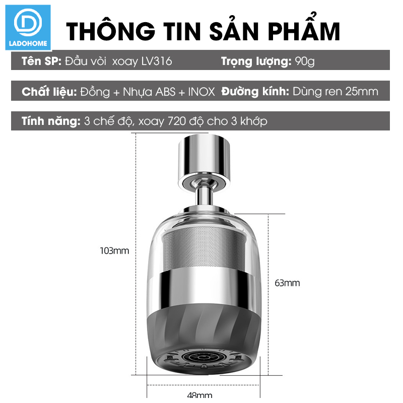 Đầu vòi lọc nước xoay 360 độ cho bồn rửa chén LV316 , lõi lọc bằng INOX 316 có lưới thép siêu mịn 2500 mắt lưới