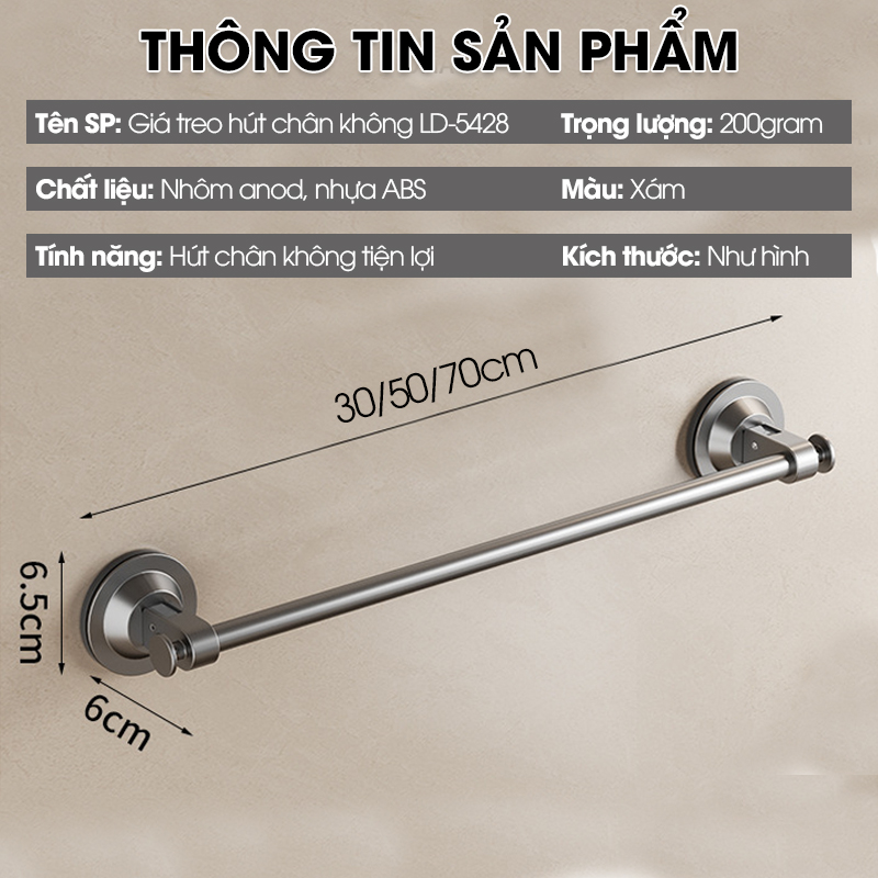 Giá treo khăn nhà tắm, thanh gác dép hút chân không LD-5248, nhôm anod không rỉ, không cần khoan đục, dễ dàng lắp đặt