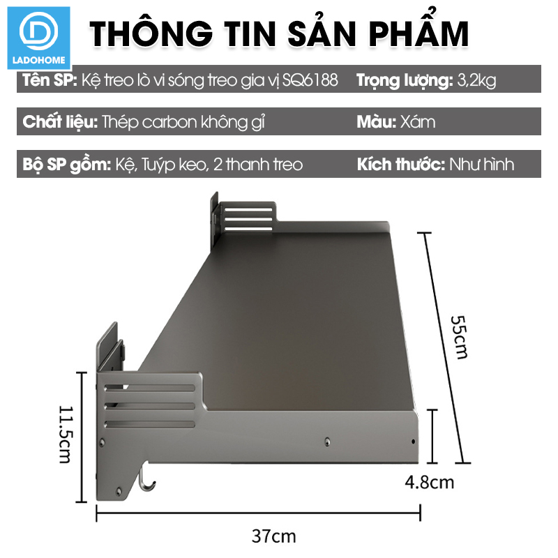 Kệ lò vi sóng, kệ gia vị kệ nhà bếp treo tường SQ-6188 thép carbon không rỉ
