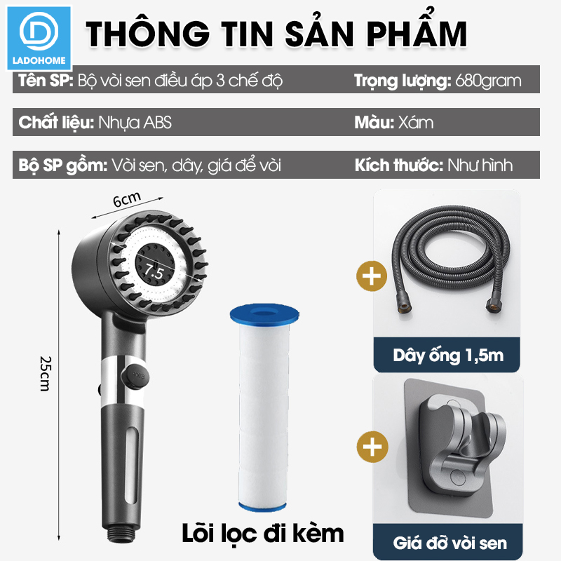 Bộ vòi sen điều áp 3 chế độ kèm lõi lọc LH-9005 + bao gồm giá đỡ và ống nối 1.5m