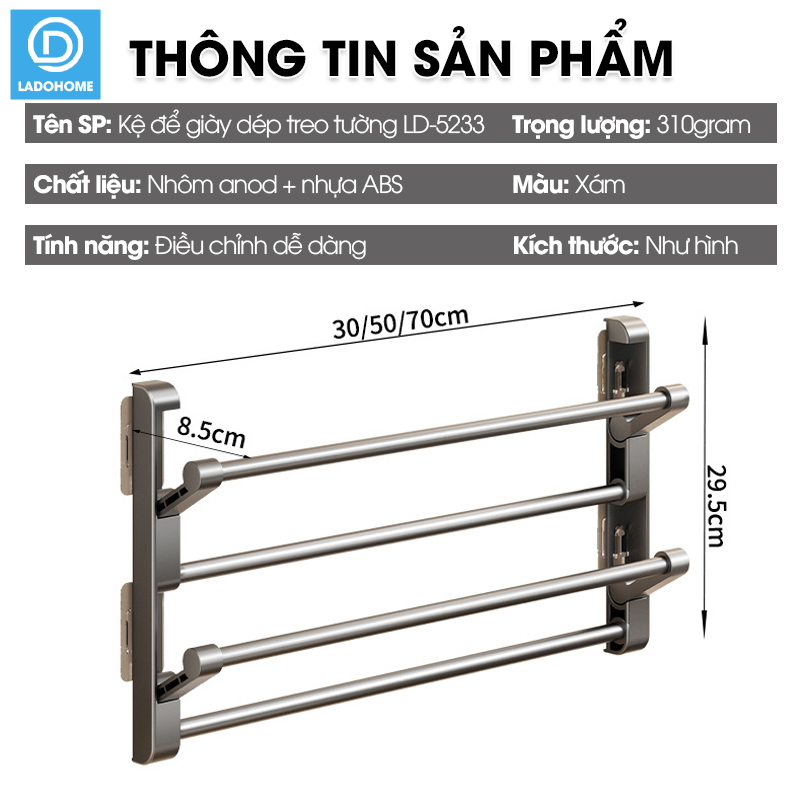 Kệ để giày dép treo tường 2 tầng LD-5233 nhôm anod không rỉ + tặng kèm miếng dán, tắt kê và vít
