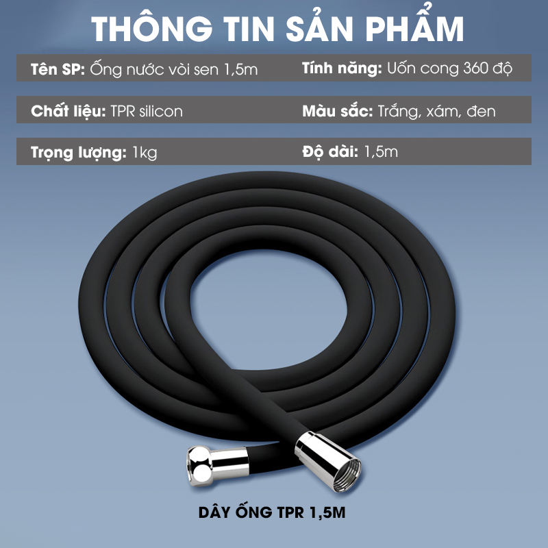 Ống nước vòi sen 1.5m TPR Silicon dẻo dai siêu bền chống cháy sử dụng được nóng lạnh, đầu nối bằng đồng chống mòn