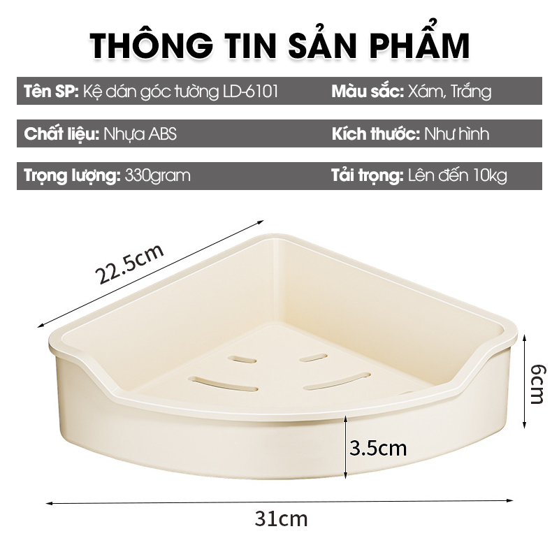 Kệ góc tường treo nhà tắm nhà bêp LD-6101, nhựa ABS siêu cứng cáp và bền bỉ