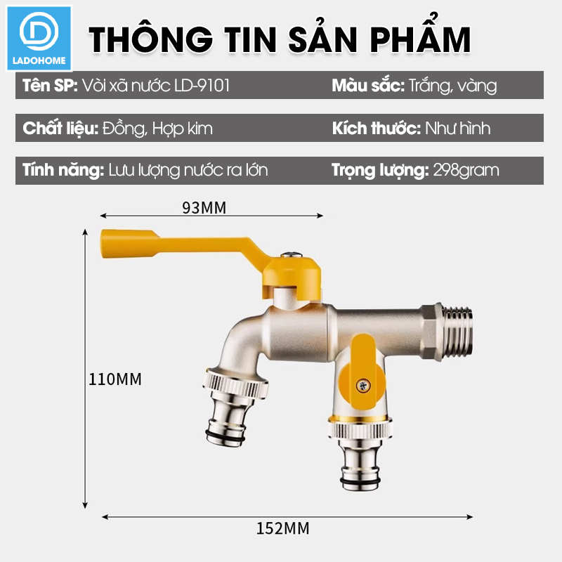 Vòi nước xả lưu lượng lớn cao cấp LD-9101, vòi xả hồ, vòi cho máy giặt, vòi nước ngoài trời sân vườn lõi to (Ren 21)
