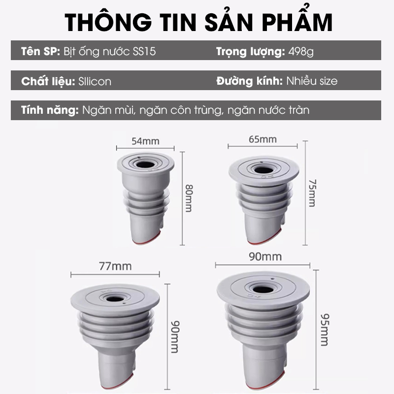 Thiết bị bịt kín ống thoát nước ngăn mùi SS15 cho nhà bếp, nhà vệ sinh, chống chảy ngược, chống con trùng, chống mùi