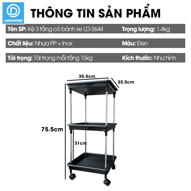 Kệ 3 tầng có bánh xe để đồ đa năng LD-3644, kệ đẩy gia đình, spa, tiệm nail gội đầu khung INOX không rỉ