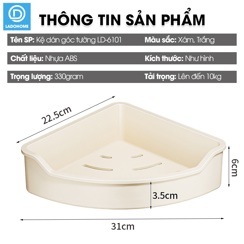 Kệ góc tường treo nhà tắm nhà bêp LD-6101, nhựa ABS siêu cứng cáp và bền bỉ