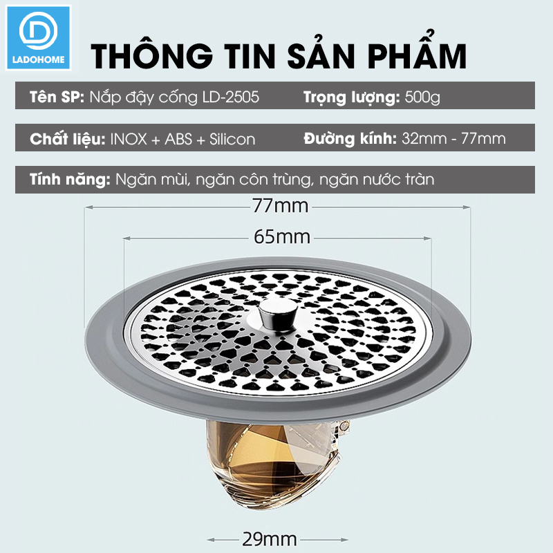 Nắp đậy cống thoát nước, thoát sàn một chiều ngăn mùi LD-2505 , chất liệu thép không rỉ + nhựa ABS