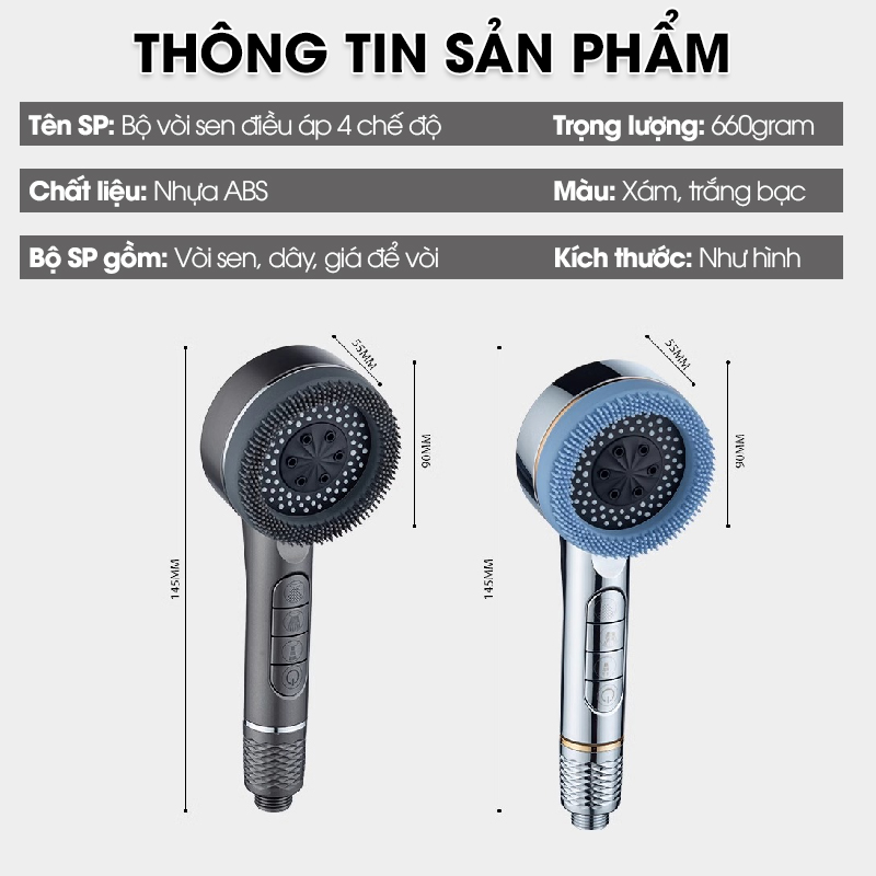 Bộ vòi sen tăng áp 4 chế độ LH-9009 có đầu massage, nhựa ABS cao cấp, dùng được nóng lạnh đi kèm dây ống 1.5m và giá đỡ