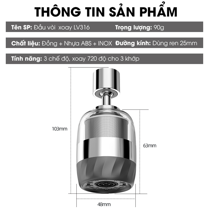 Đầu vòi lọc nước xoay 360 độ cho bồn rửa chén LV316 , lõi lọc bằng INOX 316 có lưới thép siêu mịn 2500 mắt lưới