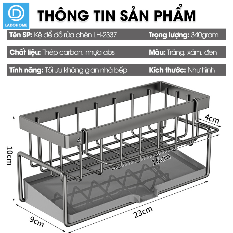 Kệ để đồ rửa chén LH-2337 để miếng bọt biển, nước rửa chén, có thanh treo khăn dạng lưới thoát nước nhanh chóng