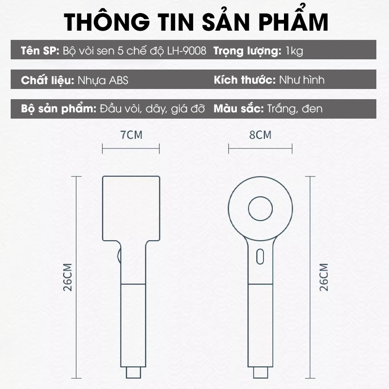 Bộ vòi sen điều áp 5 chế độ LH-9008 nhựa ABS cao cấp, lắp được cho nước nóng lạnh, có lõi lọc + dây ống 1.5m và giá đỡ