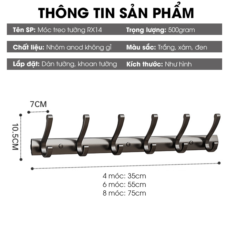 Móc treo tường RX14 Nhôm anod không rỉ, móc treo quần áo phòng ngủ, phòng khách, nhà tắm, nhà bếp, móc treo sau cửa