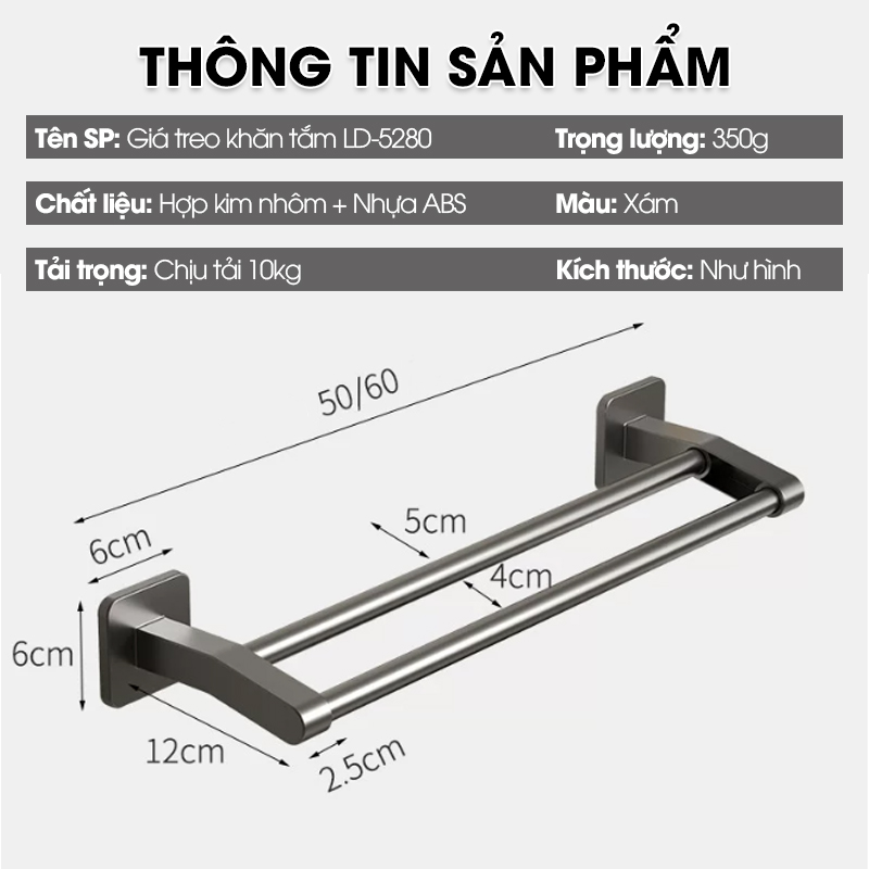 Giá treo khăn nhà tắm LD-5280 hợp kim nhôm không rỉ