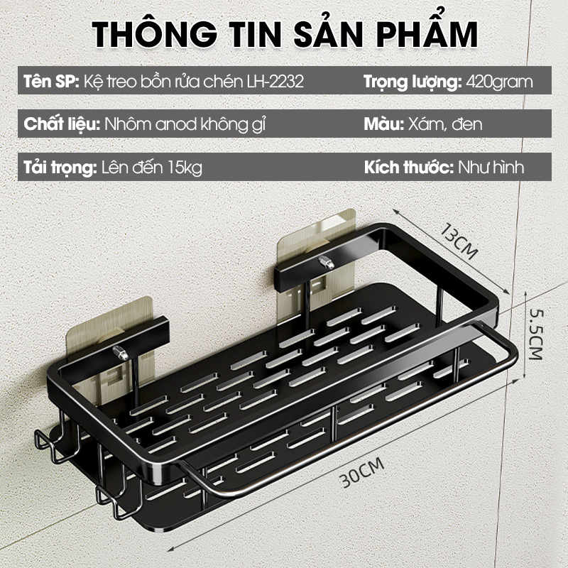 Kệ treo bồn rửa chén, kệ để nước rửa chén giẻ rửa bát nhà bếp LH-2232 Nhôm Anod không rỉ