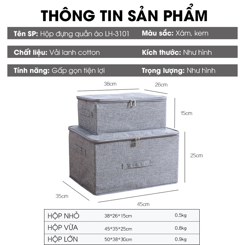 Hộp đựng quần áo, hộp lưu trữ chăn ga gối nệm vải lanh không dệt loại dày có nắp đậy và khóa kéo LH-3101