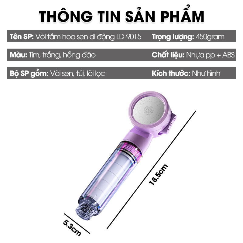Vòi tắm hoa sen di động, vòi sen du lịch, vòi sen cầm tay có lõi lọc kèm túi đựng tiện lợi LD-9015