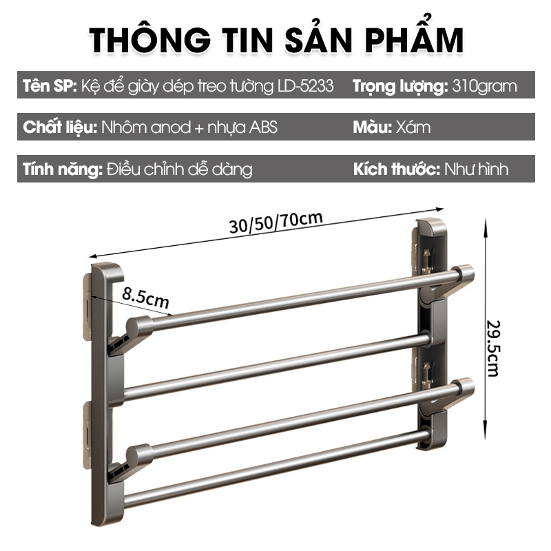 Kệ để giày dép treo tường 2 tầng LD-5233 nhôm anod không rỉ + tặng kèm miếng dán, tắt kê và vít
