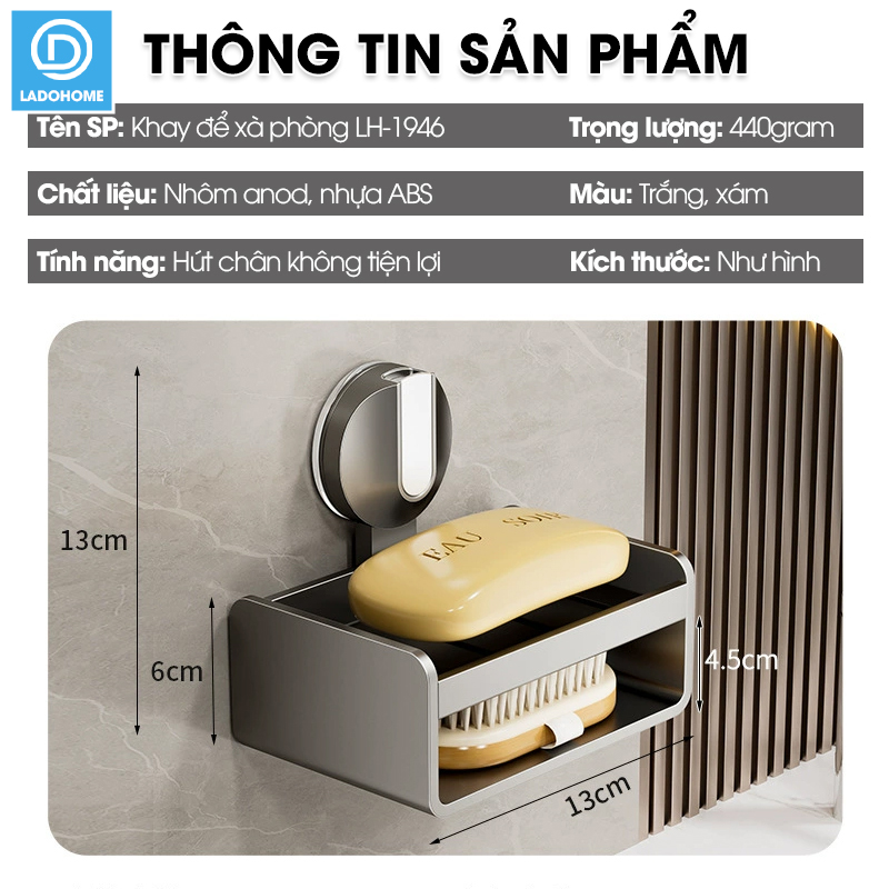 Khay đựng xà phòng LH-1946 có ngăn để bàn chải loại cốc hút chân không gắn tường dễ lắp đặt, nhôm anod không gỉ