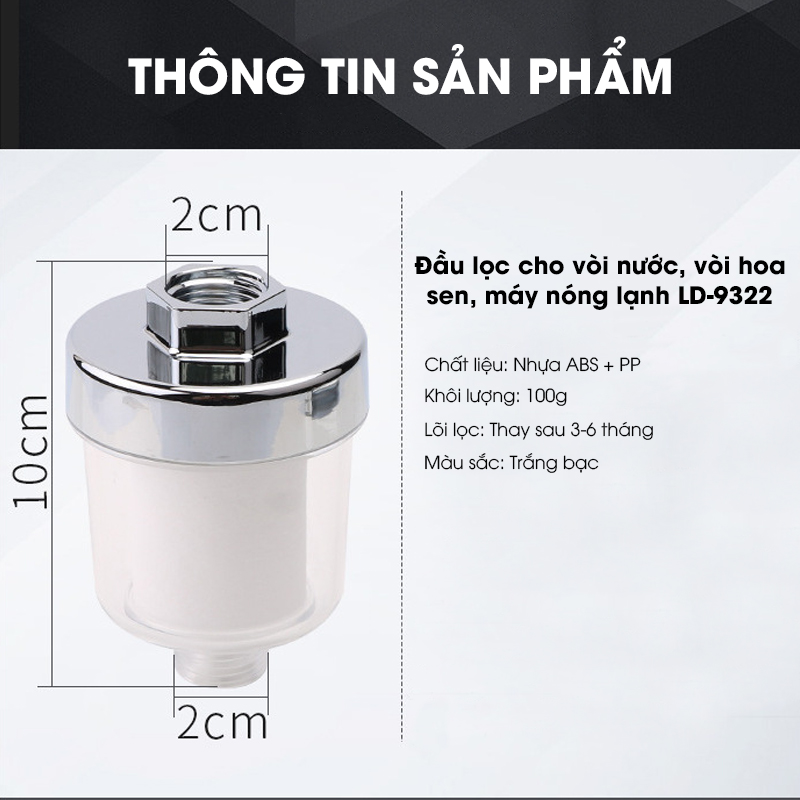 Đầu lọc nước cho vòi hoa sen, vòi rửa vệ sinh, vòi máy giặt,... LD-9322 tương thích cở ren 21, lõi lọc có thể thay thế