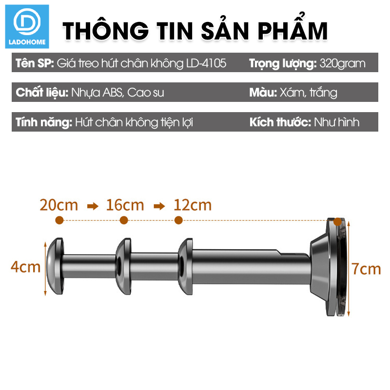 Giá treo móc quần áo hút chân không LD-4105, có thể kéo dài hoặc thu gọn dùng đê trên móc quần áo rất tiện và dễ lắp đặt