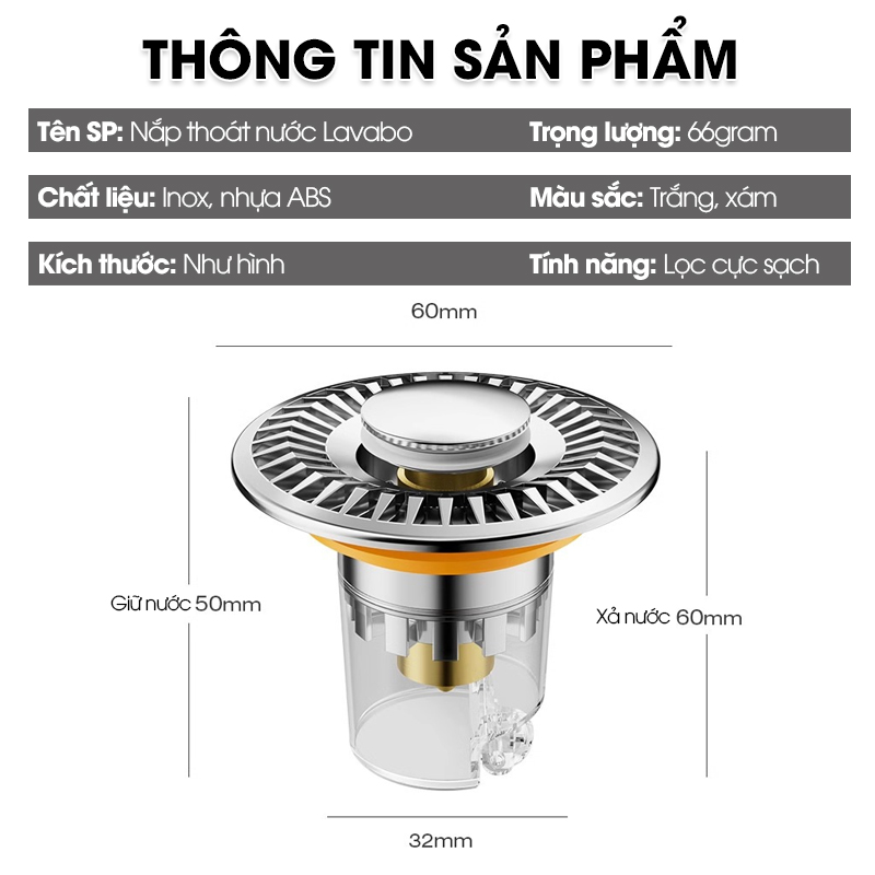 Nắp thoát nước bồn rửa mặt, bồn lavabo chống tắc cống, chống mùi, nút ấn đơn giản dễ sử dụng