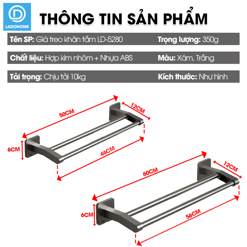Giá treo khăn nhà tắm LD-5280 hợp kim nhôm không rỉ