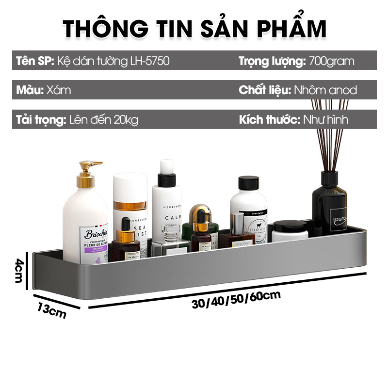 Kệ dán tường LH-5750 nhà tắm nhà bếp Bathroom Kitchen Nhôm Anod không rỉ + tặng kèm keo dán, tắt kê và vít
