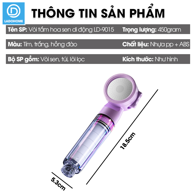 Vòi tắm hoa sen di động, vòi sen du lịch, vòi sen cầm tay có lõi lọc kèm túi đựng tiện lợi LD-9015