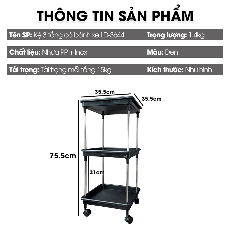 Kệ 3 tầng có bánh xe để đồ đa năng LD-3644, kệ đẩy gia đình, spa, tiệm nail gội đầu khung INOX không rỉ