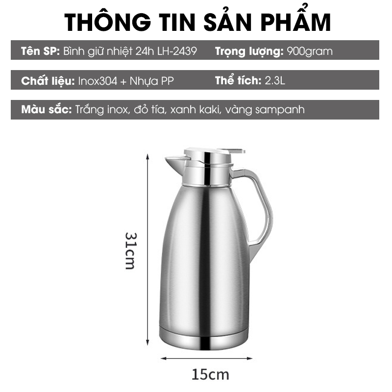 Bình giữ nhiệt, ấm giữ nhiệt loại lớn 2.3L phong cánh châu Âu LH-2439, thời gian giữ nhiệt 24h, inox 304 cao cấp