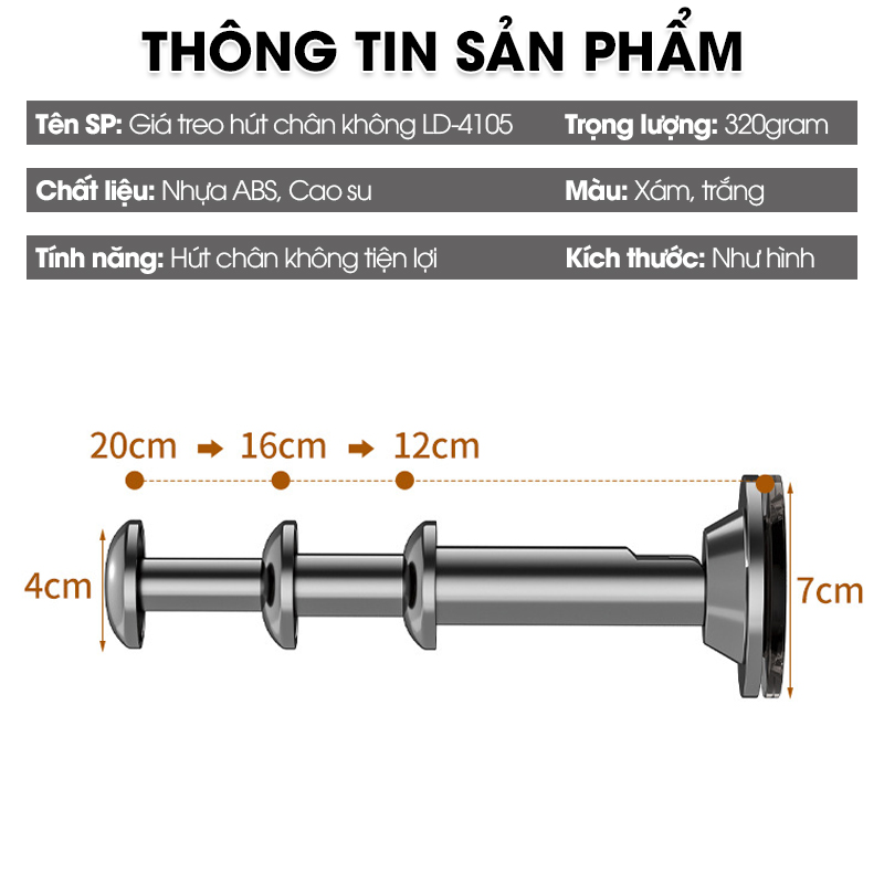 Giá treo móc quần áo hút chân không LD-4105, có thể kéo dài hoặc thu gọn dùng đê trên móc quần áo rất tiện và dễ lắp đặt