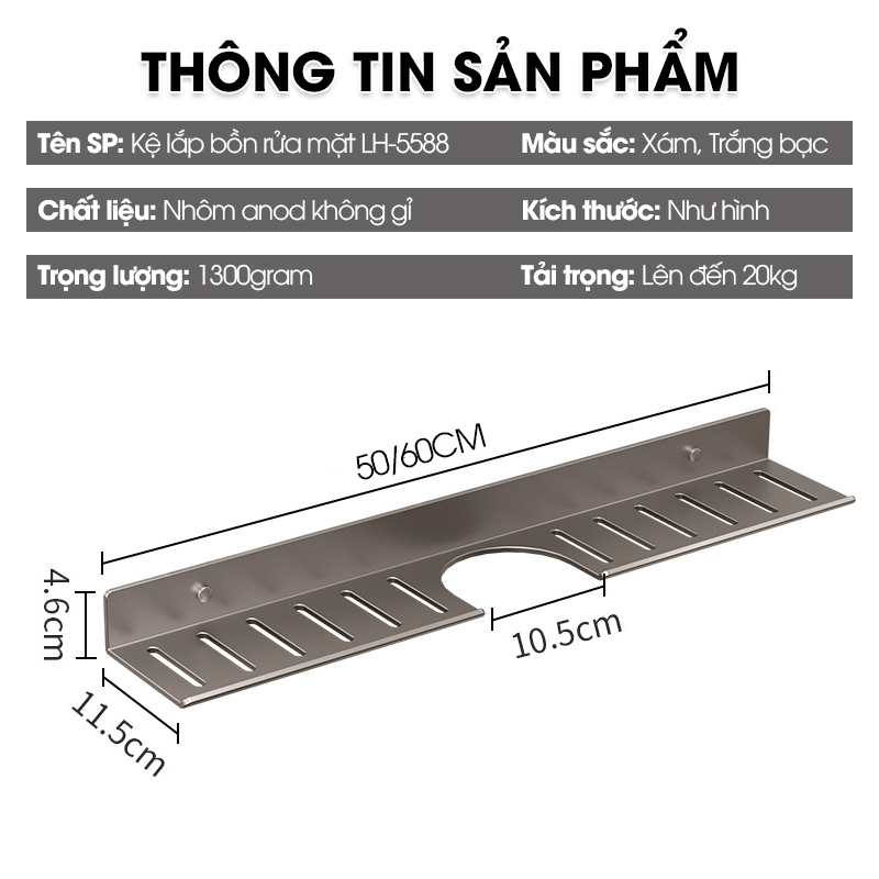 Kệ lắp bồn rửa mặt nhà tắm, giá để đồ trước gương LH-5588 Nhôm Anod không rỉ + tăng kèm keo dán + tắt kê ốc vít