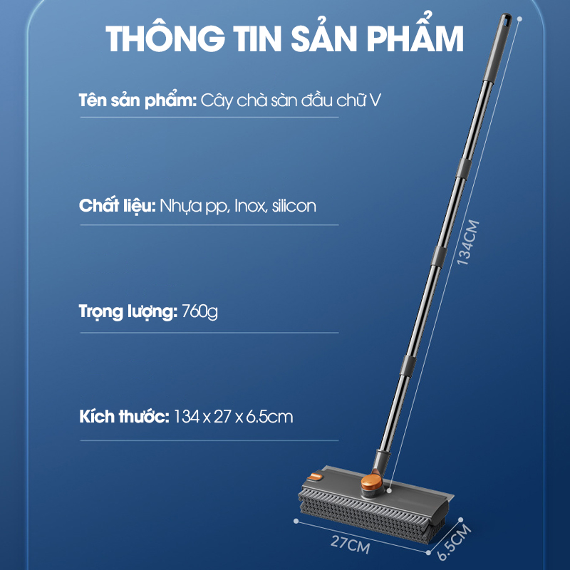 Cây chà sàn C16, chổi chà cọ sàn và gạt nước 2 trong 1, phiên bản nâng cấp với mặt bàn chải mở rộng chữ V chà mọi góc nghách
